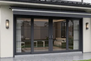 Modern sliding glass doors with black frames on a rainy day, showing a beige sofa and indoor plants inside, with a black retractable awning above and two wall-mounted lights on each side of the doors.