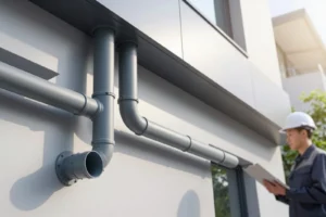 Gray industrial pipes installed on the exterior of a building with a person wearing a white helmet and holding a clipboard inspecting them in the background.