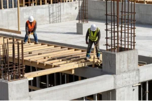 Two construction workers wearing helmets and safety vests working on wooden framework above a concrete building structure with exposed rebar columns.