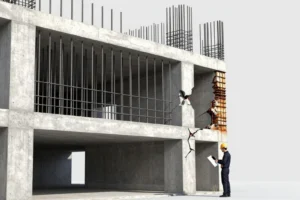 Construction site showing a concrete building structure with visible rusted reinforcement bars and large cracks, alongside a worker wearing a yellow hard hat and holding documents inspecting the damage.