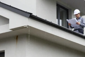Close-up of a house roof gutter leaking water during rain, with a construction worker wearing a white hard hat and gray uniform inspecting blueprints in the background.
