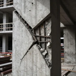 How to Stop Cracks in Your Home: Professional Guidance from Architect Dameem Ansari 11 Close-up of a cracked concrete column with exposed rusty steel rebars at a construction site, surrounded by other concrete structures and scattered building materials.