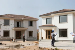 Side-by-side comparison of a two-story house before and after renovation, showing the left side with cracked, damaged walls and the right side with clean, freshly painted walls and workers inspecting the finished work.