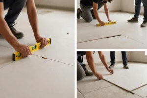 Collage of three images showing a person installing floor tiles: measuring with a yellow spirit level, positioning tiles on the floor, and aligning tiles precisely while another person stands nearby.