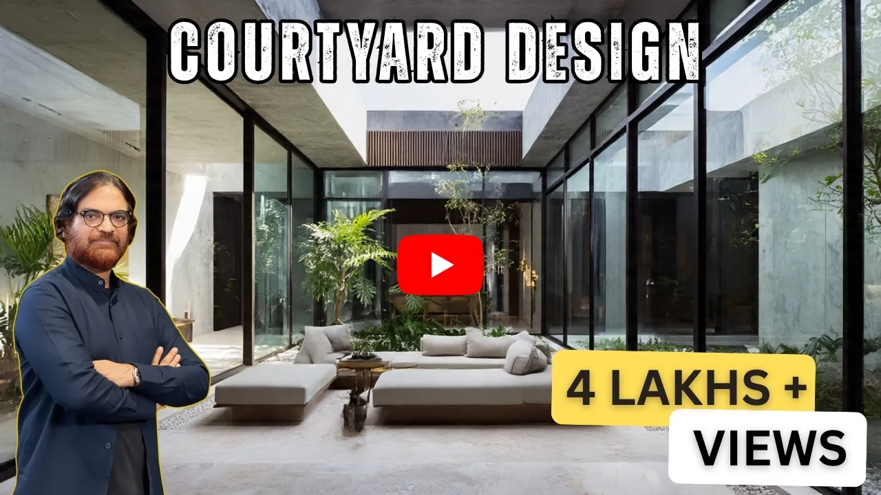 Modern courtyard design with large glass walls, minimalistic seating, and indoor plants, featuring a man with glasses and beard standing on the left, overlaid text reading 'COURTYARD DESIGN' at the top and '4 LAKHS+ VIEWS' at the bottom right, with a red play button icon in the center.