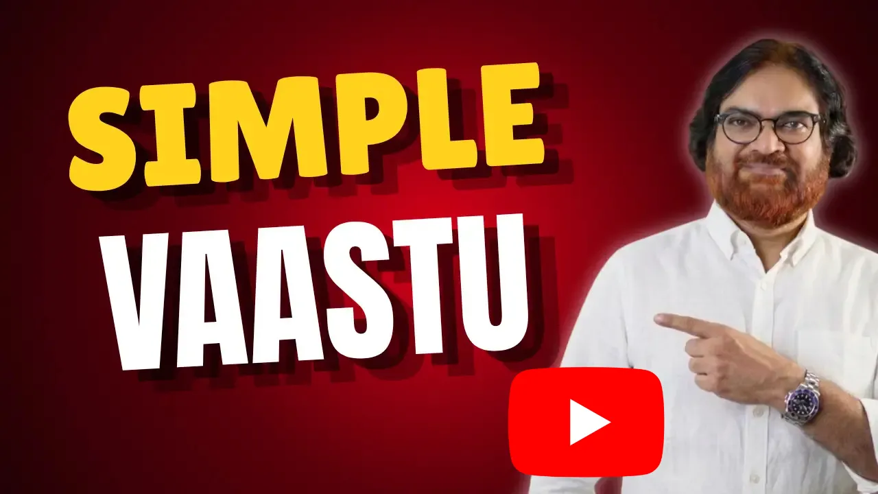 A man with glasses and a beard wearing a white shirt pointing towards bold text that reads 'SIMPLE VAASTU' on a red background with a YouTube play button icon.
