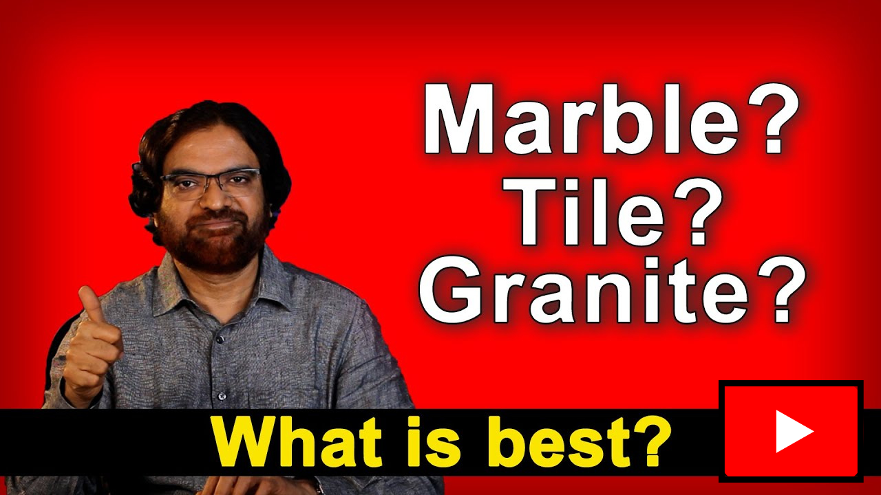 Man with glasses giving a thumbs up against a red background with white text asking Marble? Tile? Granite? and a black and yellow banner saying What is best? with a red play button icon.