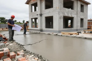 Two construction workers inspecting cracks on a newly poured concrete slab next to an unfinished two-story concrete building with open window frames, surrounded by construction materials and a partly cloudy sky.
