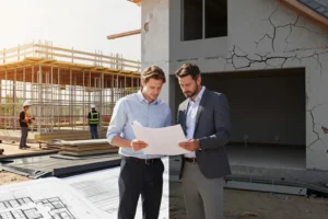 Two men in business attire reviewing blueprints at a construction site with an unfinished building showing large cracks in its walls and two construction workers in safety gear working in the background.