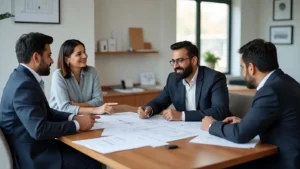 Four professionals sitting around a wooden table in an office, discussing and reviewing architectural or engineering blueprints spread out before them, with a bright window and minimalistic decor in the background.