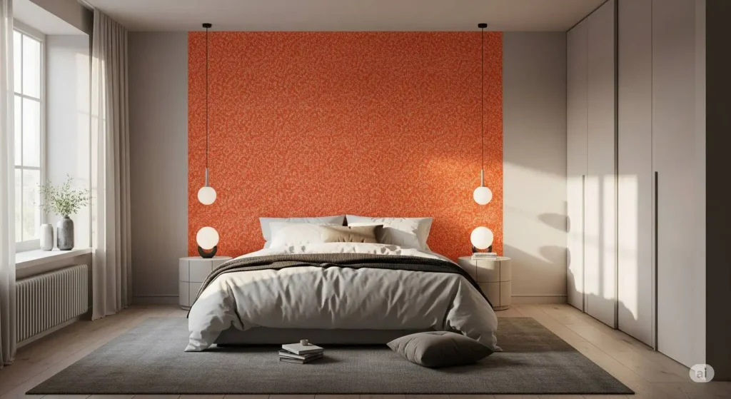 Modern bedroom with a large bed against an orange textured accent wall, two pendant lights hanging above round bedside tables, light gray bedding with multiple pillows, a gray rug on wooden floor, a window with beige curtains and a vase with flowers on the windowsill, and built-in white wardrobes on the right side.