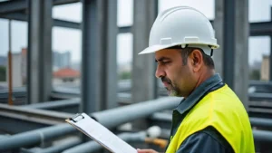 Man wearing a white hard hat and yellow safety vest inspecting a clipboard at a construction site with steel beams and industrial piping in the background