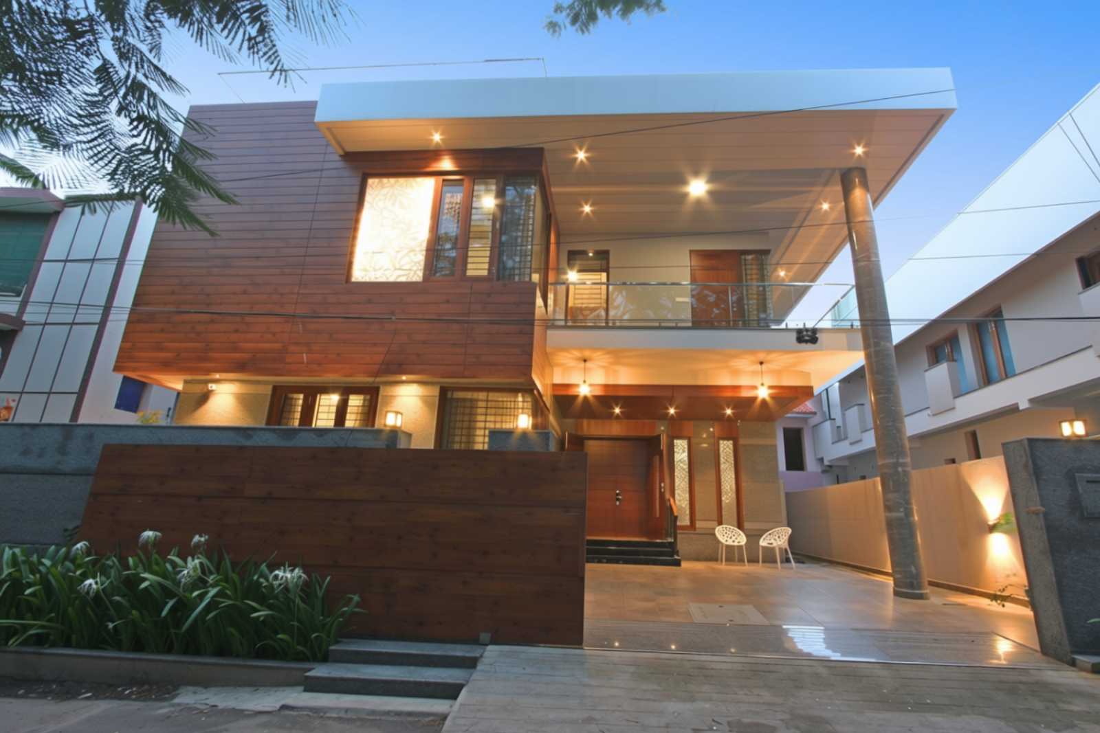 Modern two-story house with wooden paneling, large overhanging roof, illuminated exterior lights, and two white chairs on the tiled front patio, surrounded by neighboring buildings and greenery.