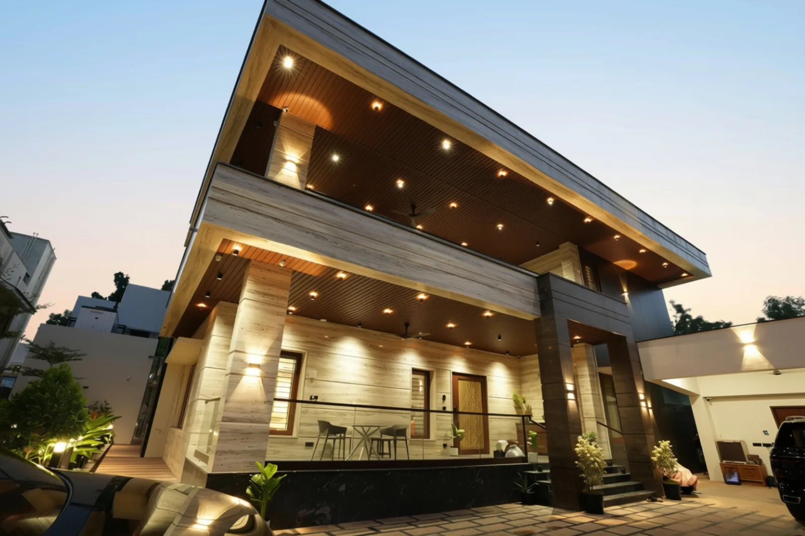 Modern two-story house illuminated with warm lights at dusk, featuring a large covered porch with seating area, glass railings, wood-paneled ceiling with recessed lighting, and a car parked in the driveway.