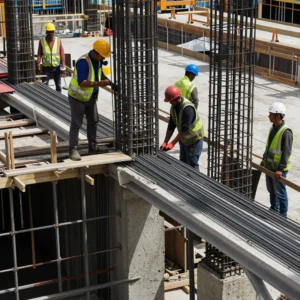 How to Stop Cracks in Your Home: Professional Guidance from Architect Dameem Ansari 15 Five construction workers wearing safety helmets and reflective vests working with steel rebar on a concrete building site under construction during daytime.