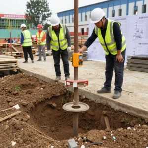 How to Stop Cracks in Your Home: Professional Guidance from Architect Dameem Ansari 16 Two construction workers in safety helmets and reflective vests inspecting and operating machinery at a construction site with an open soil pit, while two other workers stand in the background.