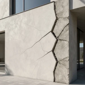 How to Stop Cracks in Your Home: Professional Guidance from Architect Dameem Ansari 17 Modern concrete building with a large vertical crack exposing internal concrete segments and reinforcing rods on one corner of the wall.