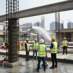 How to Stop Cracks in Your Home: Professional Guidance from Architect Dameem Ansari 18 Five construction workers wearing yellow and one wearing white hard hats and high-visibility vests at an active building site, with one worker spraying water onto the ground and steel reinforcement columns and beams visible in the background.