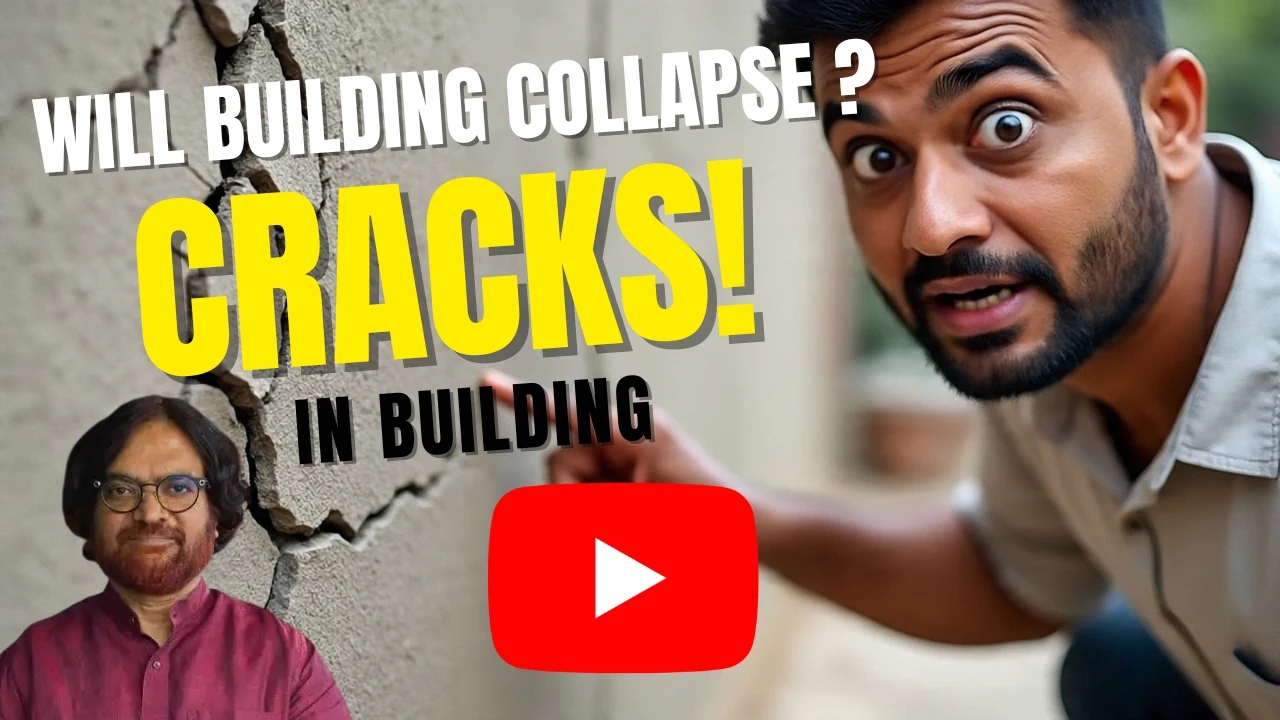 Youtube Man with a surprised expression pointing at large cracks on a building wall, with bold text asking "Will building collapse? Cracks in building" and a smaller image of a man with glasses and a red shirt in the bottom left corner, along with a red play button icon in the center.