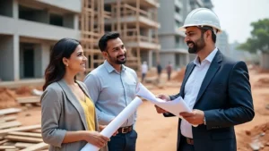 Three professionals discussing blueprints at a construction site, with one wearing a white safety helmet and the others holding rolled-up plans, in front of unfinished buildings and wooden scaffolding.