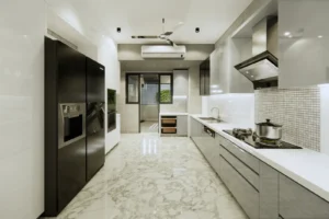 Modern kitchen with black refrigerator, white and grey cabinets, marble floor, and a stainless steel pot on the stove under a range hood with tiled backsplash.