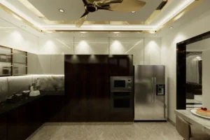 Modern kitchen with dark wood cabinets, black marble countertops, built-in microwave and oven, stainless steel refrigerator, ceiling fan, and marble backsplash under warm recessed lighting.