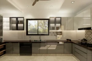 Modern kitchen with glossy beige and dark brown cabinets, a window above the stainless steel sink, under-cabinet lighting, a ceiling fan, a black dishwasher, and various kitchen utensils and spices organized on the wall.