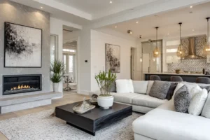 Modern living room with a light gray sectional sofa adorned with textured pillows facing a sleek black coffee table with a potted plant and decorative bowls, a gray marble fireplace with a black-and-white abstract painting above, and an open kitchen area with pendant lights and a patterned backsplash in the background.