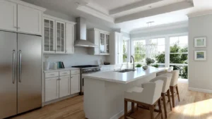 Bright modern kitchen with white cabinets, stainless steel refrigerator and stove, a large island with sink, and four beige cushioned bar stools, illuminated by natural light from large windows with greenery outside.